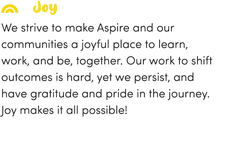   Joy We strive to make Aspire and our communities a joyful place to learn, work, and be, together  Our work to shift   