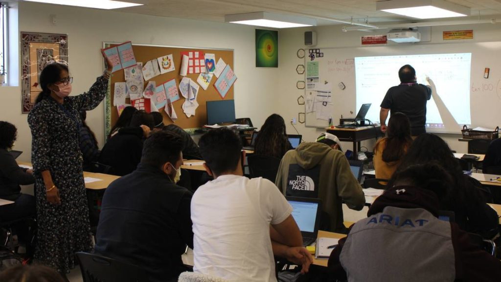 General education teacher Renuka Prakash and Education Specialist Jorge Vega co-teach a math class at Aspire Vanguard College Preparatory Academy in Modesto on Nov. 19. Photo Credit: EMILY ISAACMAN