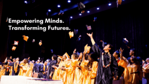 Group of grads throwing their caps in air on stage with Aspire motto text overlaid on image.