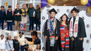 Collage of photos for the Aspire home page featuring scholars both older and younger with a transparent spiral overlaid.