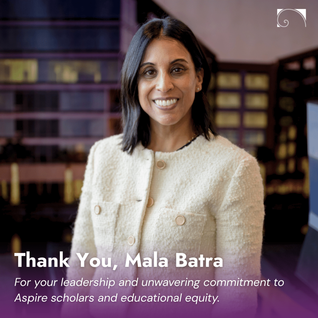 Graphic of CEO Mala Batra, thanking her for her tenure at Aspire